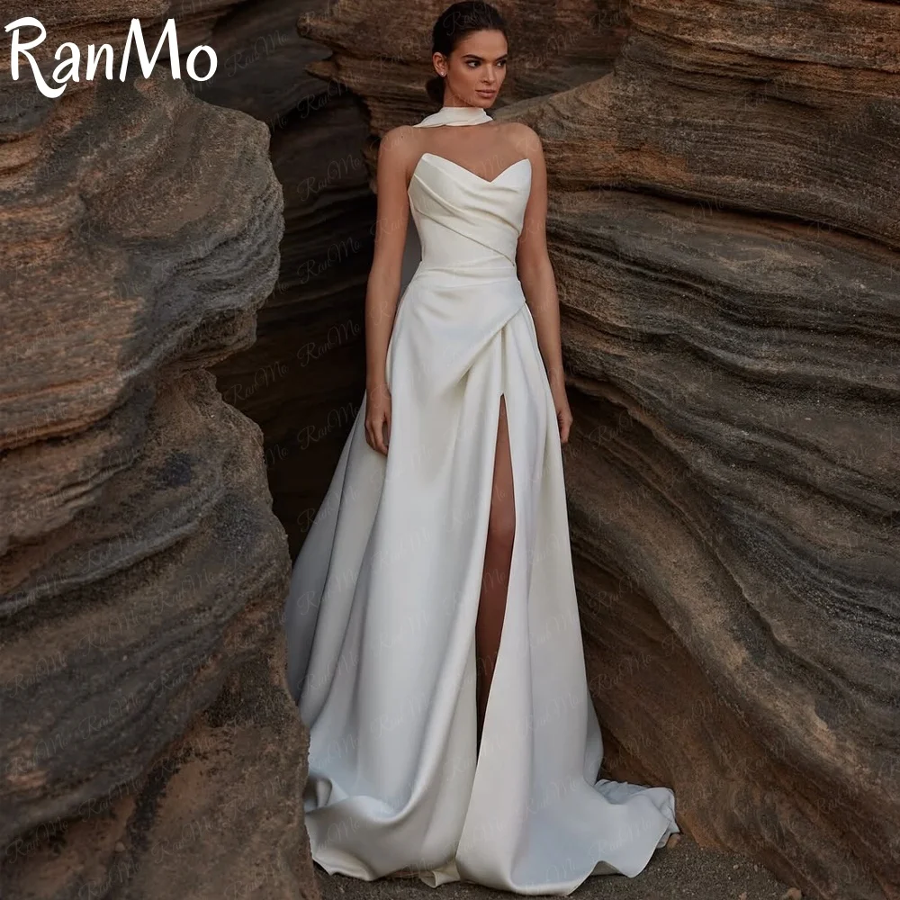 

Ranmo 2025 Modern White Wedding Dresses Side fork Scarf Sweep Train Bride Dress Mermaid New Satin Wedding Party Gowns Customized