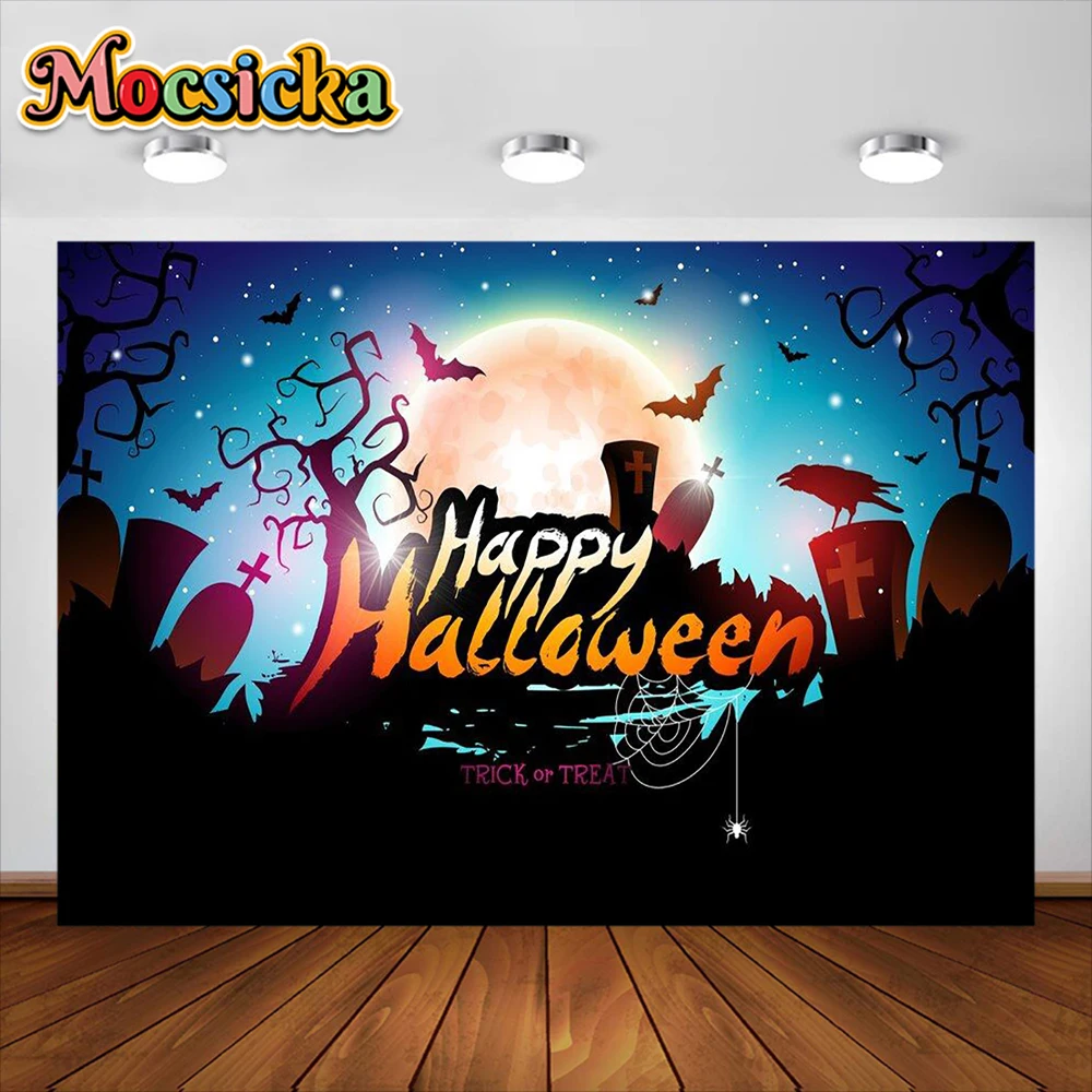 Happy Halloween Photography Background Bat Moon Scary Castle Decoration Trick or Treat Writing Backdrops Studio Props Banner