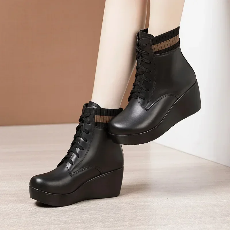 6cm Small Size 32-43 Thick Bottom Soft Leather Platform Wedges Shoes Ankle boots 2024 Winter Flexible Med Heels Boots Office Mom