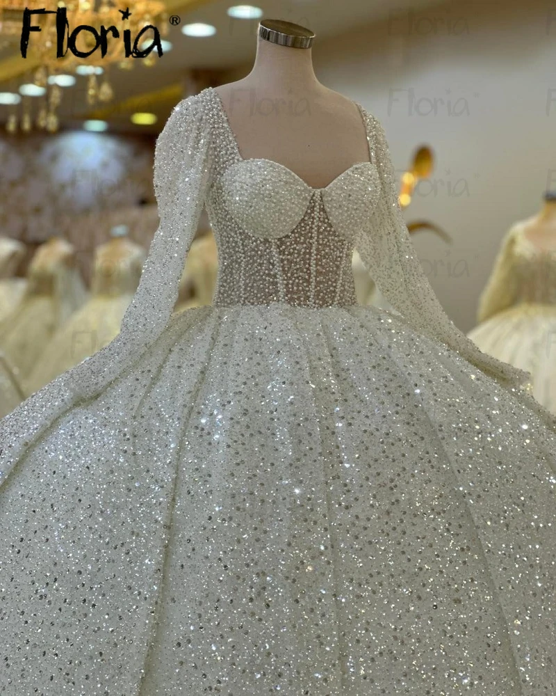 Dubai Full Pearls Sparkle Beaded Wedding Dress Custom Made Ball Gown Long Sleeve Corset Bridal Dresses Robe de Mariée 2023