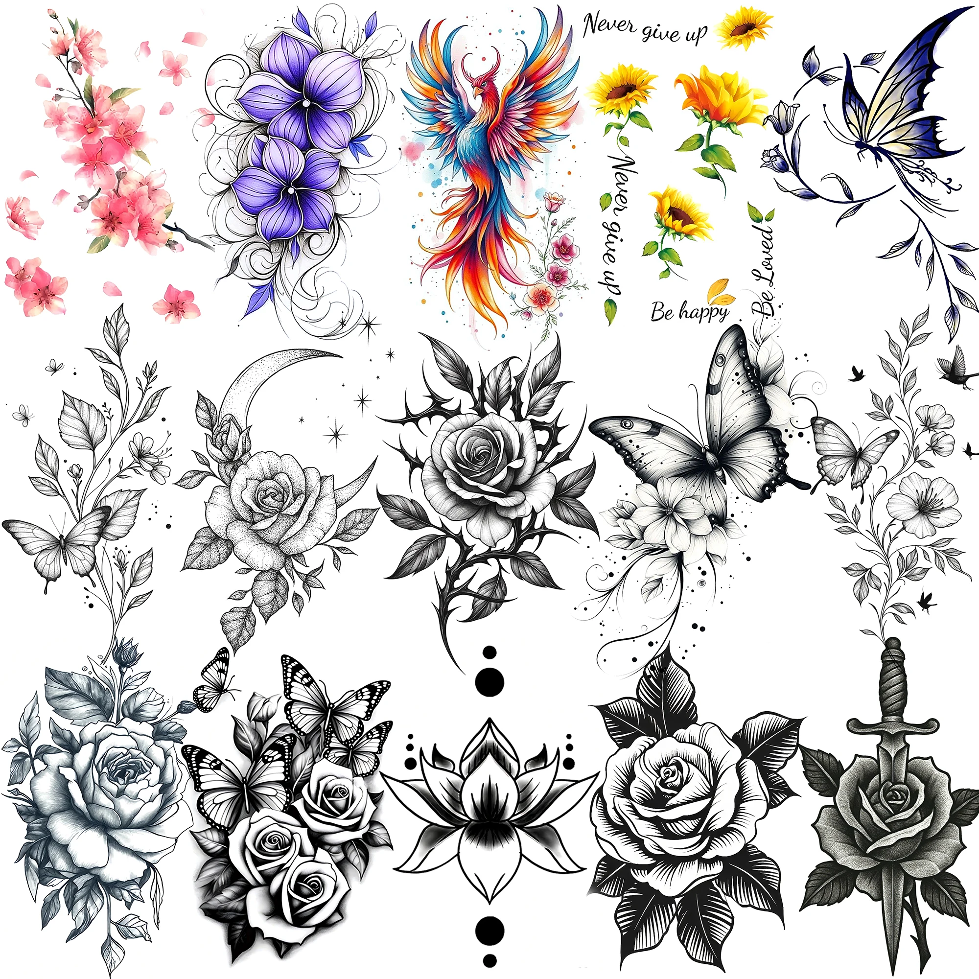 

1 Sheet Painted Flowers Rose Temporary Tattoos For Women Hand Neck, Fake Tattoo Sticker Waterproof Long Lasting Realistic Tatoos