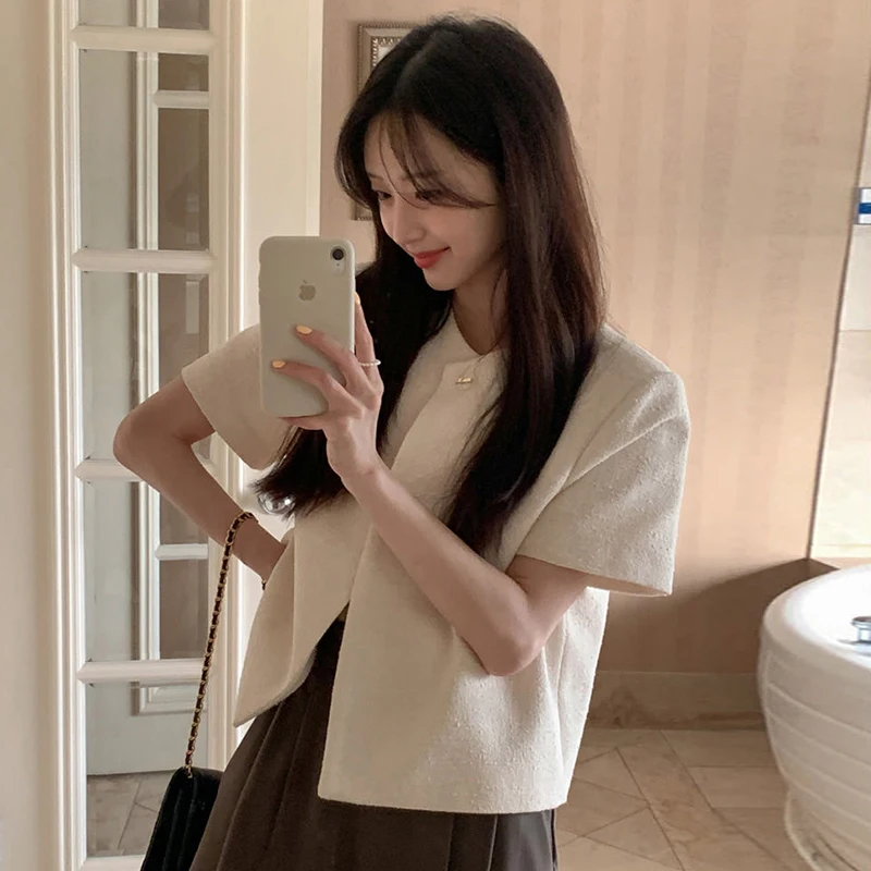 Coreano Chic Estate Vintage rotondo Ne Due bottoni Allentato ort Sve Tessuto grossolano Capispalla da donna Pendolarismo Sle Colore puro