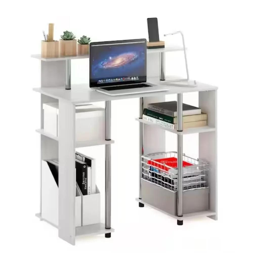 36 بوصة. مكتب كمبيوتر مستطيل من خشب البلوط غاري مع أرفف؛ إنه رائع للشقق والمسكن الذي يحد من المساحة #4