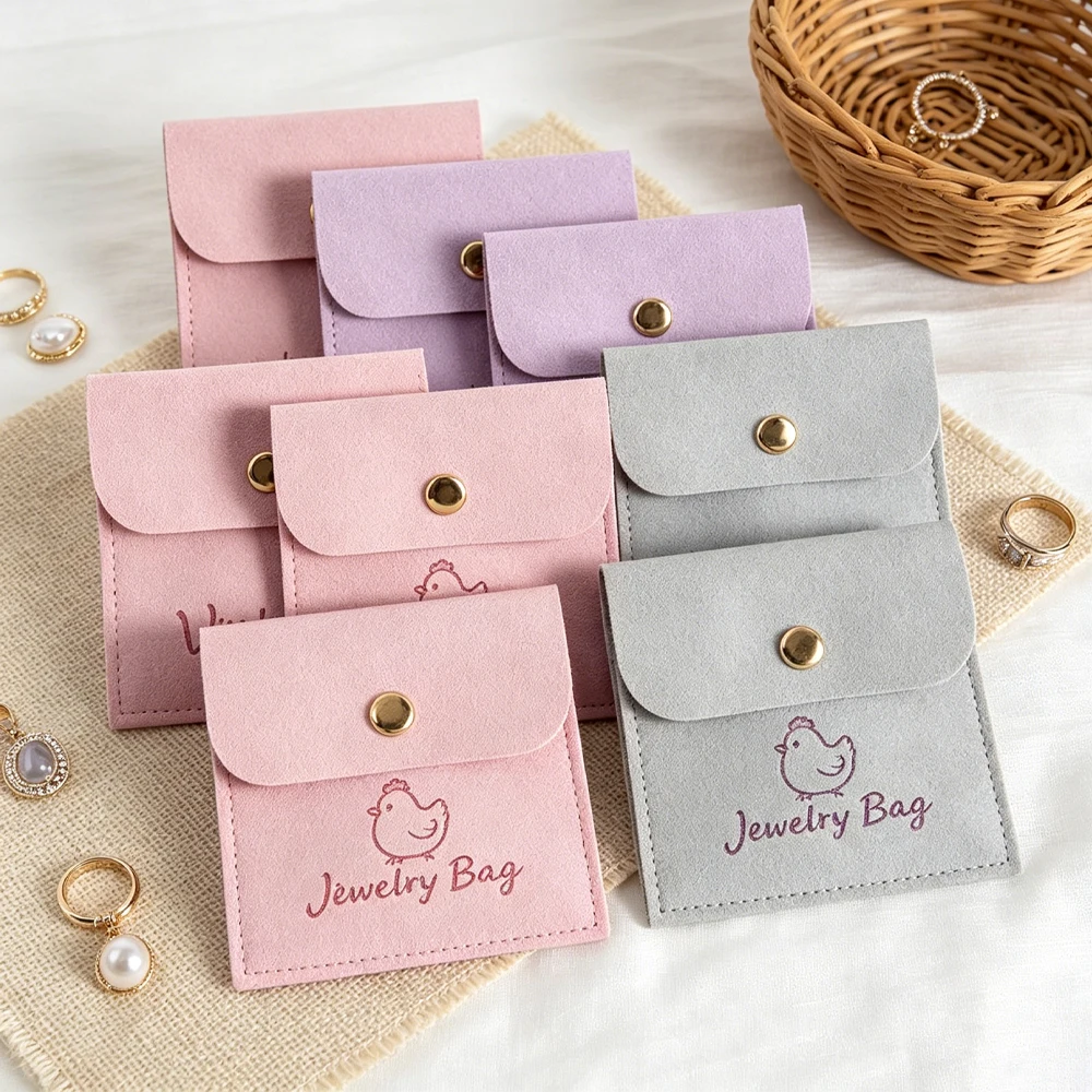 

Personalized Logo Jewelry Snap Bags 50/100pcs Microfiber Pouch Earrings Cosmetic Boutique Organizer Suede Packaging Gift Bags