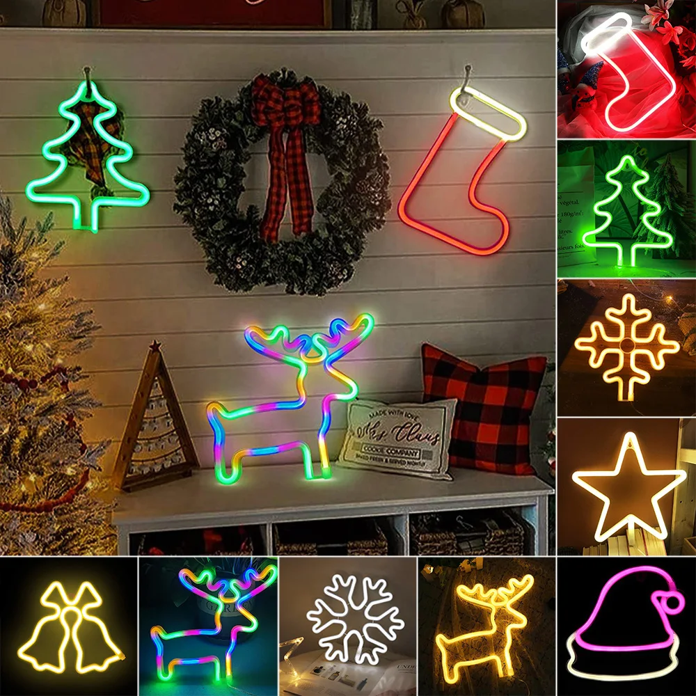 USB/Battery Powered Christmas Neon Sign Jingle Bell Star Snowflake LED Neon Night Light Indoor Home Xmas Party Wall Decoration