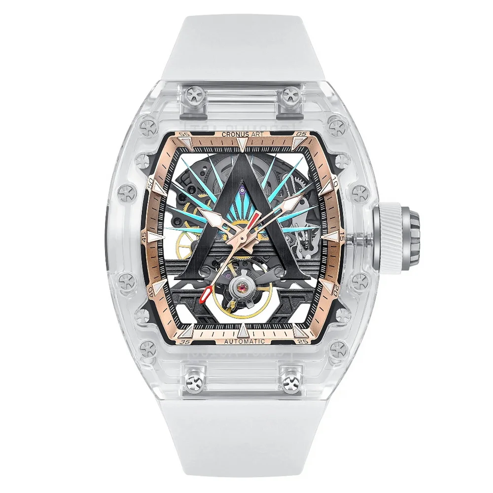 

CRONUSART Men Automatic Watch Tonneau Mechanical Wristwatch Acrylic Case Fluororubber Strap Hollow Out Luminous Dial K9 Glass