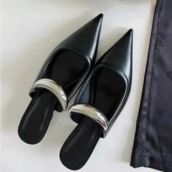 Chunky Pointed Toe Slippers Women Metal Buckle Retro Slides Female Comfy Fashion Low Heel Sandals Designer Mules Pumps Women