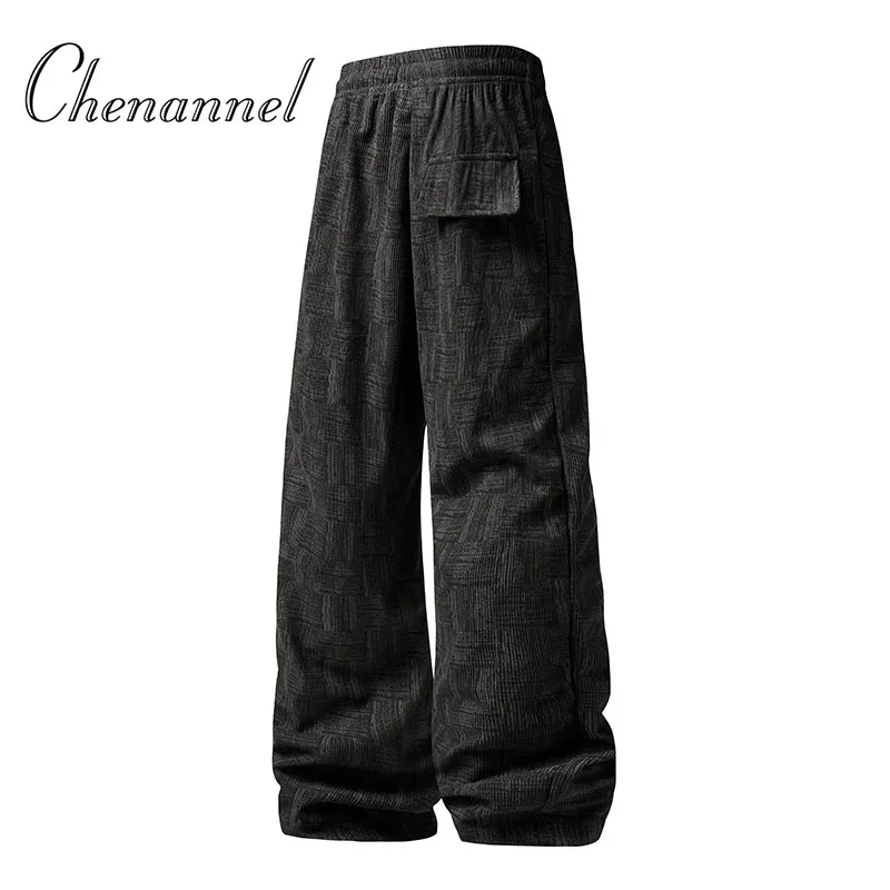 

Retro floral corduroy trousers for men; loose straight-leg casual pants with elastic waistband and pockets for autumn and winter