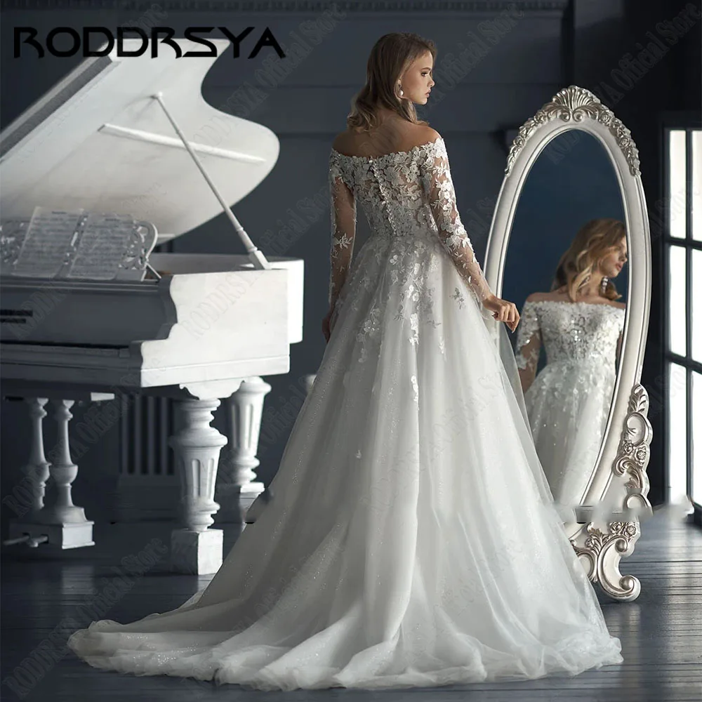 RODDRSYA 배목 반짝이는 아사 웨딩드레스 긴팔 패치 A자 신부 드레스 스크래치 맞춤형 Vestido De NoviaRODDRSYA 보트 넥 샤이니 얇은 명주 그물 웨딩 원피스, 긴 소매 아플리케 A 라인 신부 가운, 청소 기차 맞춤 제작