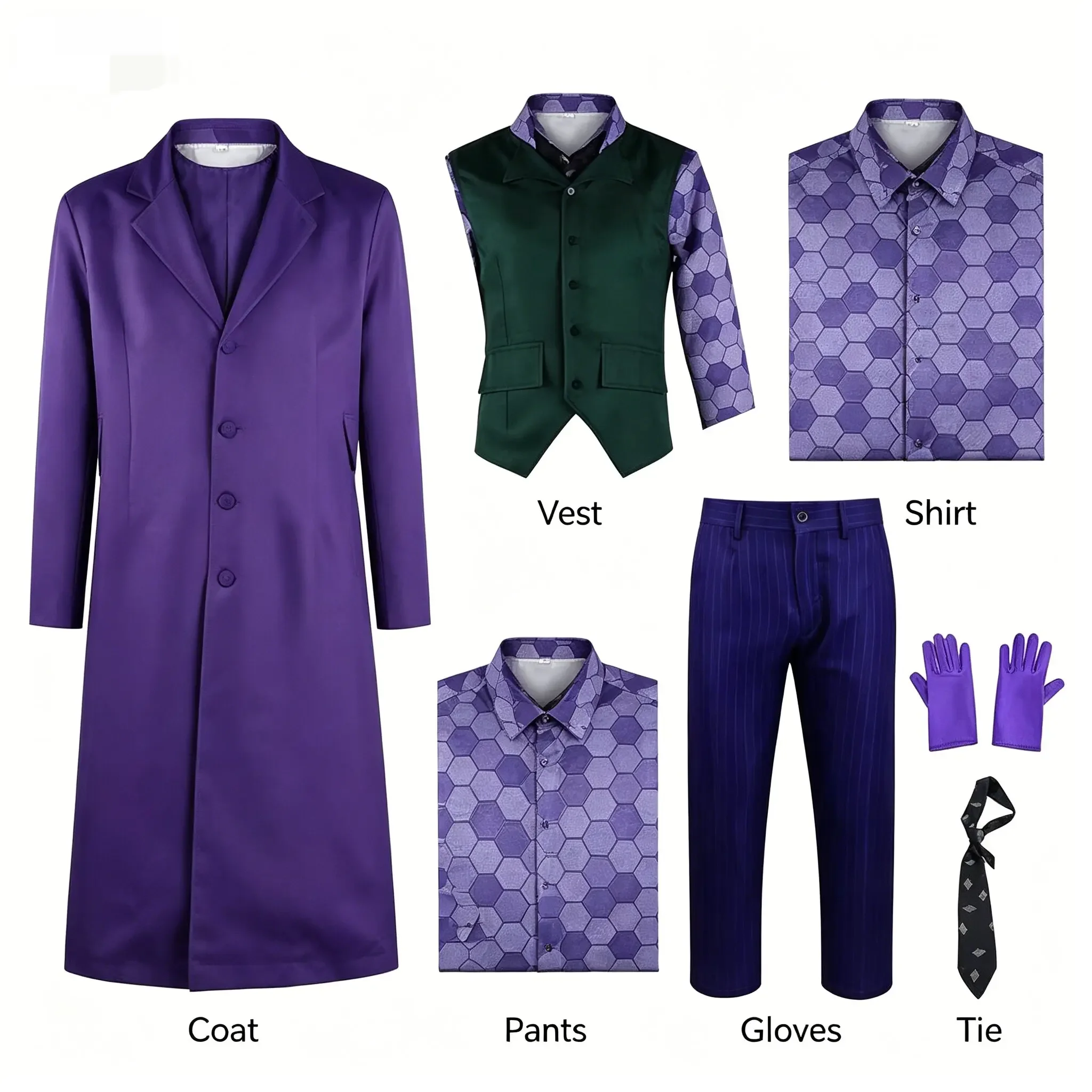 

2026 New Men Purple Full Suit Outfit with Coat Vest Pants Tie Gloves, Halloween Party Costume