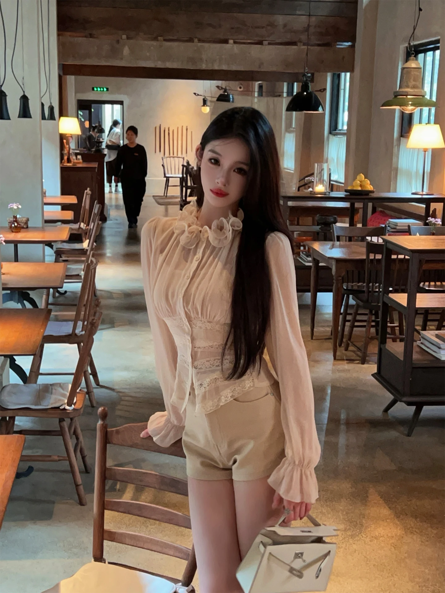 

FairyJiang Women's High Collar Lace Splice Chiffon irt Set with Strap Top Two-Piece Set Casual Sle Slim Fit Long Sve