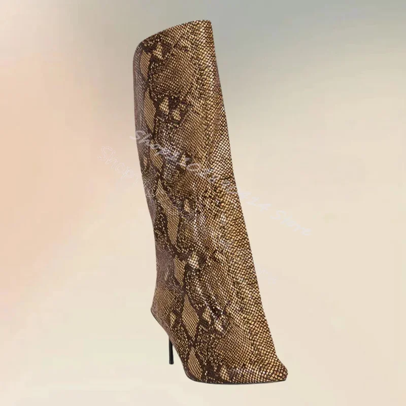 Brown Snakeskin Print Large Cuff Pointed Toe Boots Slip On Women Shoes Thin High Heels Party Banquet 2024 Zapatos Para Mujere