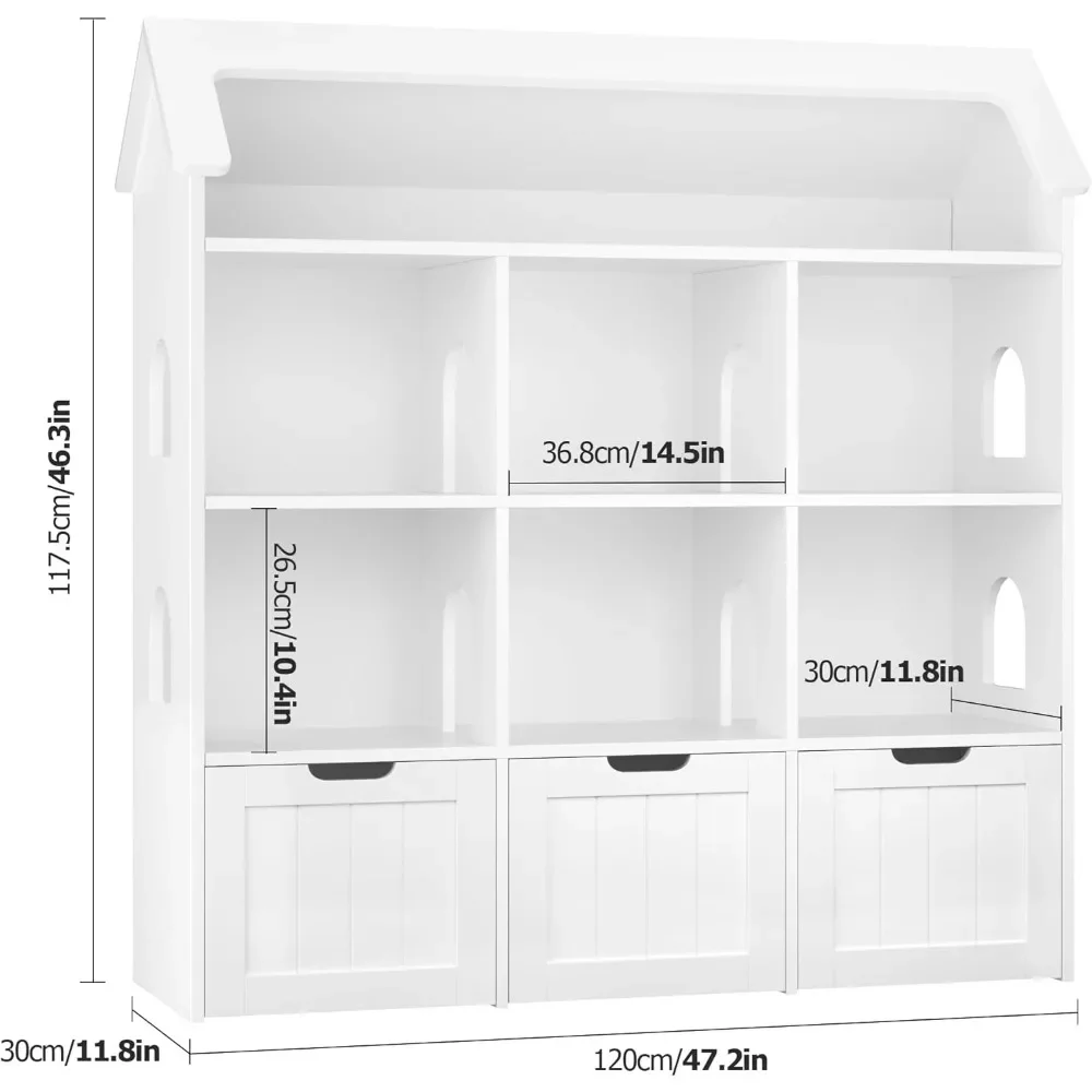 47.2'' Storage Organizer, Toy Organizers and Storage with 3 Movable Drawers and 6 Storage Cubbies, Kids Bookshelf Playroom