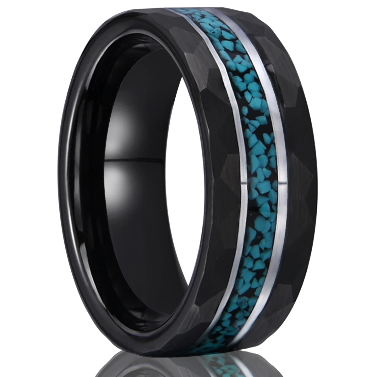 

8mm Blue Turquoise Inlay Tungsten Carbide Wedding Ring |Men's Wedding Band |Hammered Crushed Turquoise |Men’s Ring |Tungsten 8mm