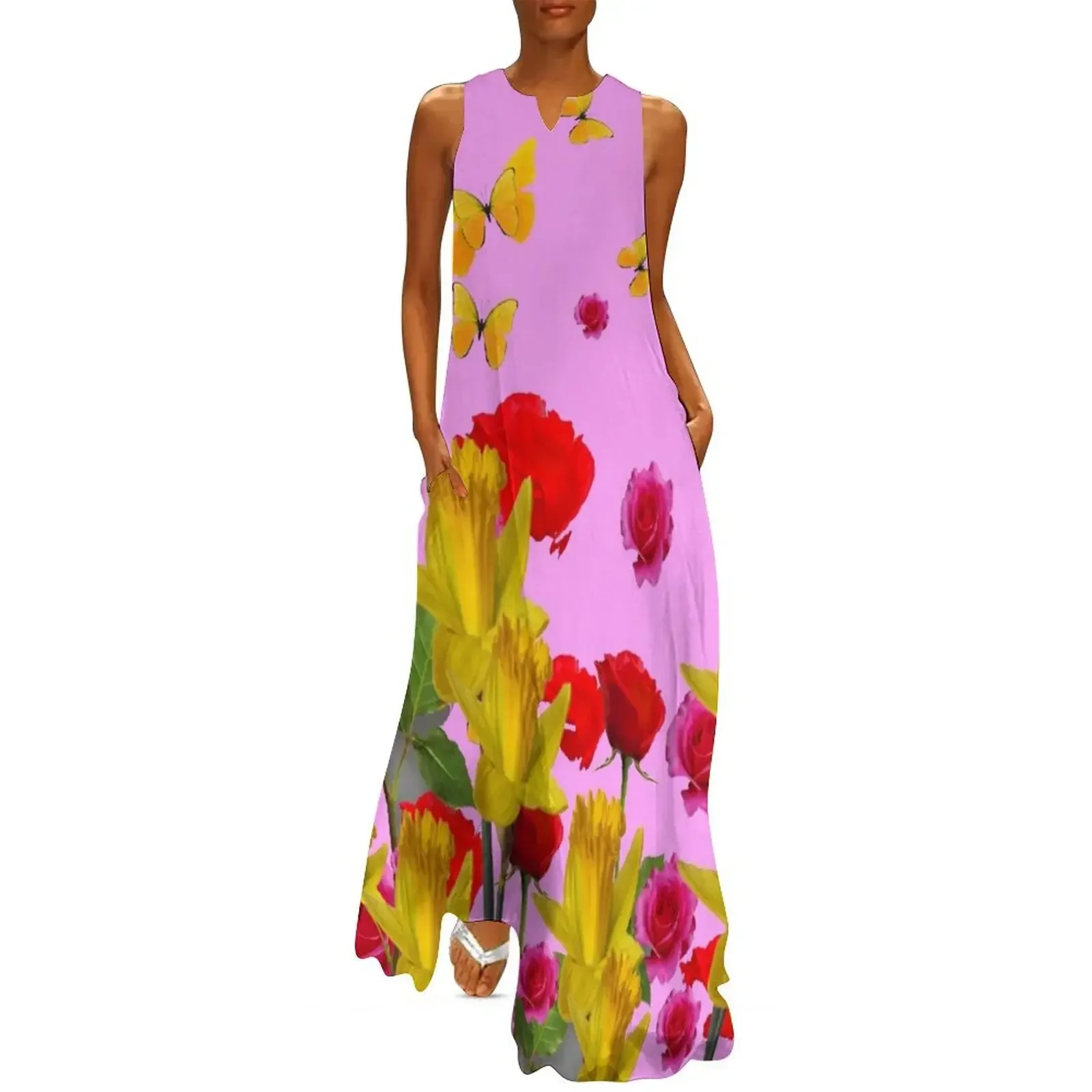 

YELLOW BUTTERFLIES RED ROSES DAFFODILS Long Dress bandage dress summer dress woman 2025 trendy