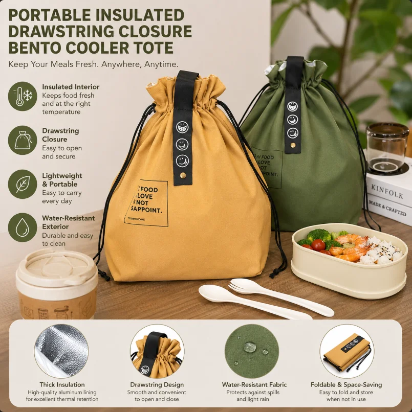 Lunch Bag Large Lunch Bag Insulated Waterproof Drawstring Bag Refrigerator Simple Cotton Canvas Fabric Solid For Work School