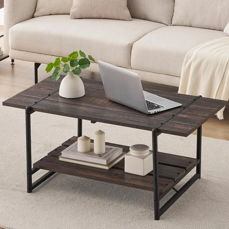 

2-Tier Living Room Coffee Tables,with Storage Shelf,Small Center Table for Living Room Home Office,Dark Rustic Oak,41''x22''x18'