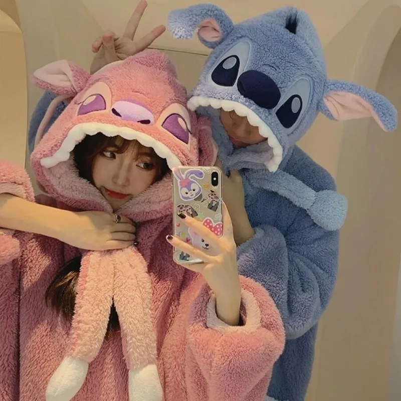 

Stitch Autumn And Winter Couple Pajamas Cartoon Warm Comfortable Coral Home Clothes Thick Nightgown Flannel Set Hooded Pajamas