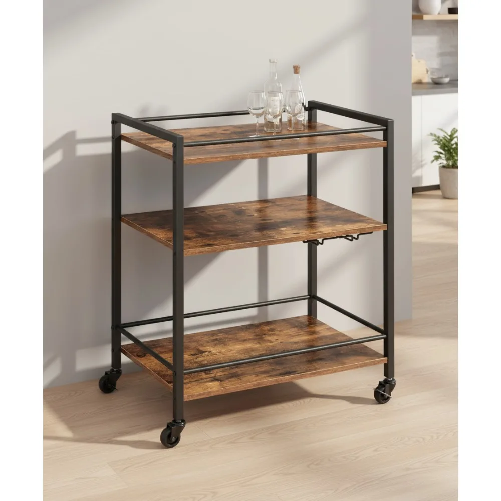 

Тележка на колесиках в деревенском стиле с запираемыми колесами, крючками для бокалов и 3 полками для хранения — мобильная кухонная тележка для напитков