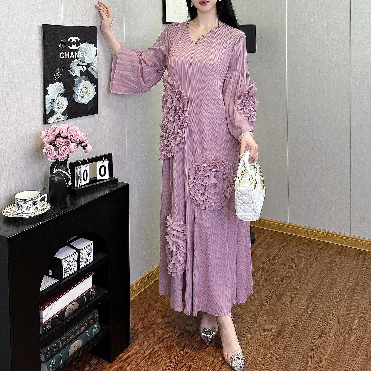 Vestido F Plus Size Estilo Urbano Solto com Mangas Largas e Saia em A de Cintura Alta para Outono