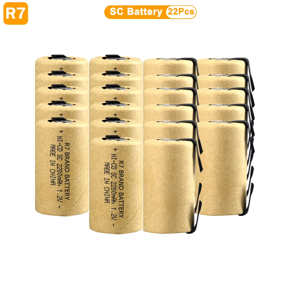 22pcs R7 SC 1.2V 2200mAh Rechargeable Ni-Cd Batteries with Welding Tabs for Electric Drills Screwdrivers RC Cars & Flashlights