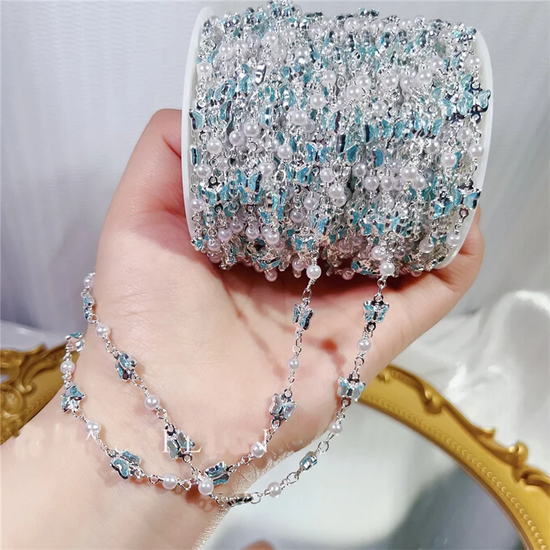 

1meters Copper Metal Butterfly Chains Bracelet Necklace Imitation Pearl Beads Chains Bulk Lot for Diy Jewelry Making Accessories