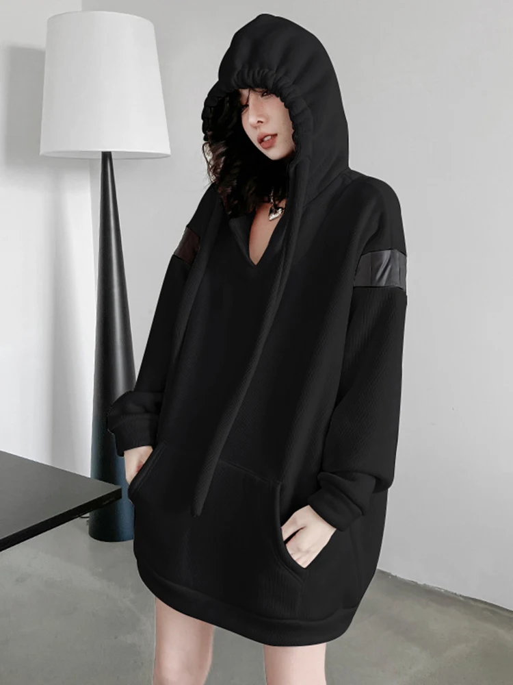 [EAM] Color-block Thick Sweatshirt New Hooded Long Sleeve Loose Fit Women Big Size Fashion Tide Spring Autumn 2023 1DH4376