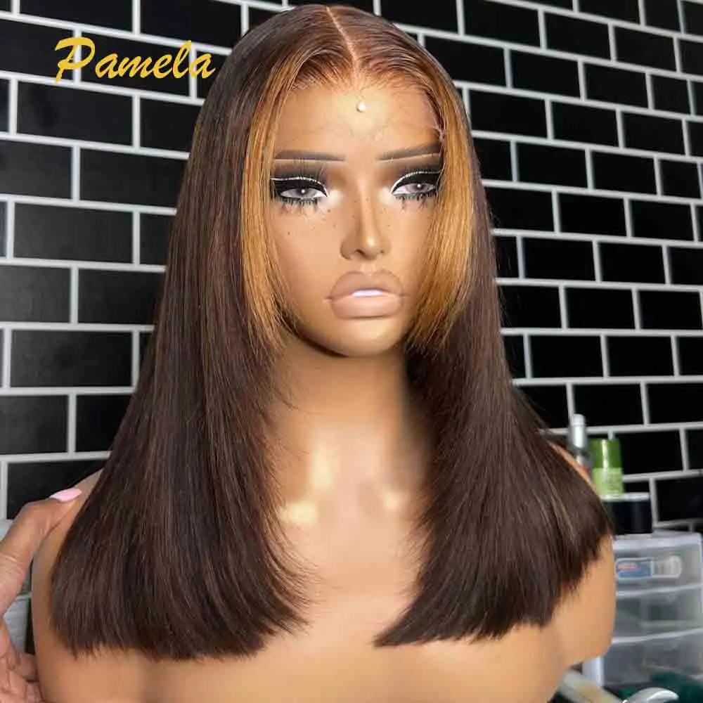 

250% Density Highlight Bone Straight Bob Lace Front Wig Ombre 4/27 Colored 13x6 HD Transparent Lace Front Human Hair Wigs