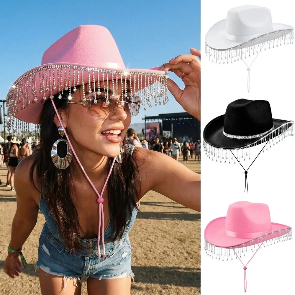 

Casual Shiny Western Cowboy Hat Wide Brim Ethnic Style Cowgirl Hat Cap Sunscreen Summer Hat Music Festival