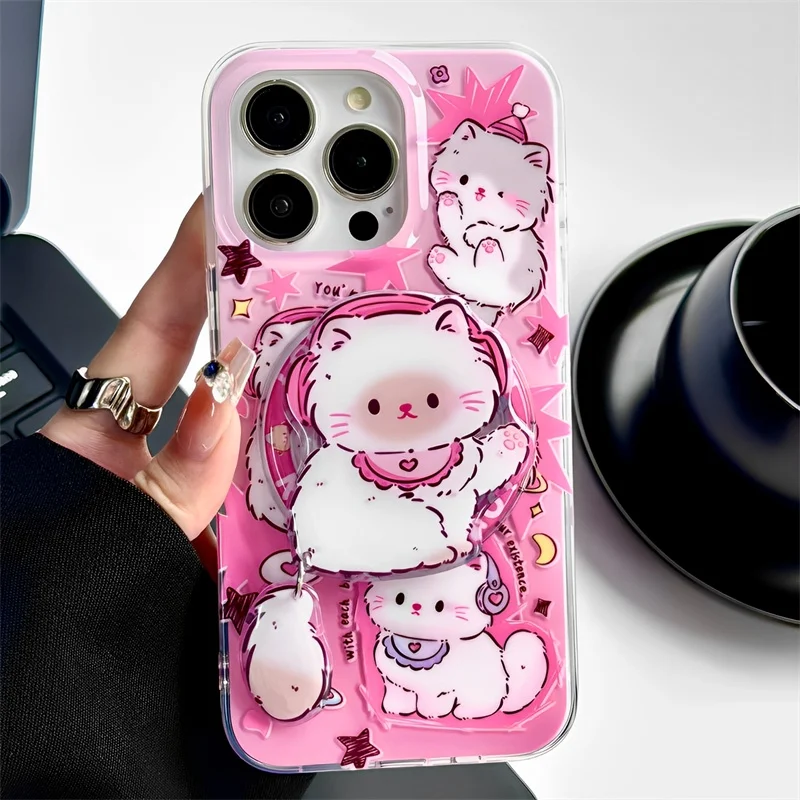 Lindo cachorro y gatito coreano para Magsafe, agarre magnético para teléfono Tok Griptok, soporte para iPhone 16, funda de carga inalámbrica, soporte de anillo