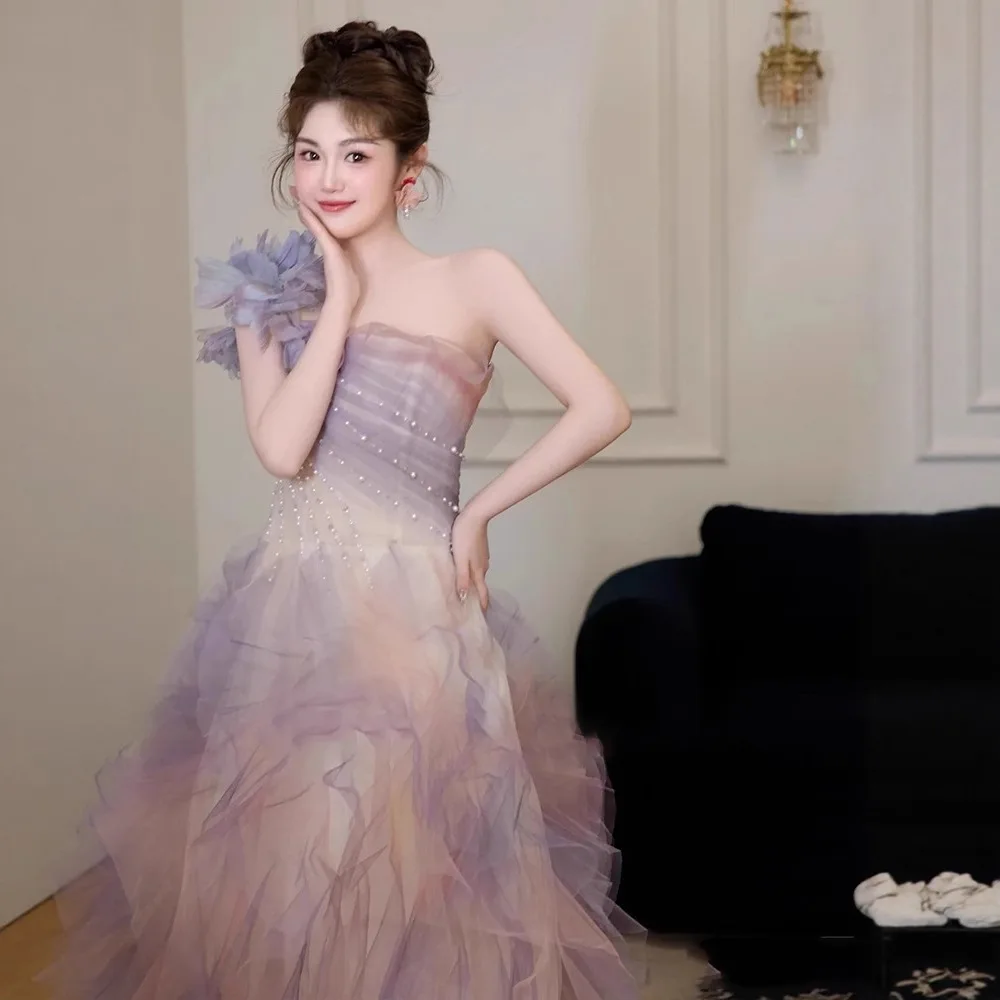 فساتين حفلة موسيقية ملونة بكتف واحد من التل واللؤلؤ وطيات رسمية للحفلات المسائية للنساء مناسبة خاصة فستان كوكتيل