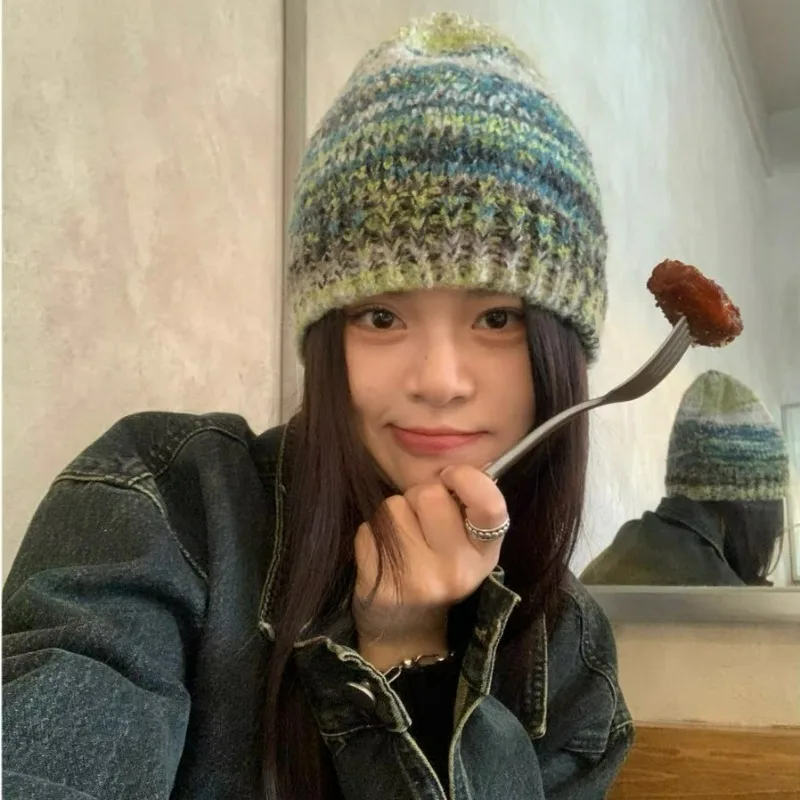 Rainbow Beanie Hat Sweet Knitted Gradient Tie Dye Color Outdoor Winter Warm High Elastic Fashion Casual Women Men Hip Hop Caps