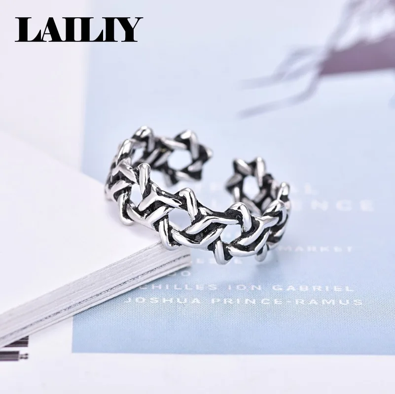 LAILIY 925 Sterling Silver Gift Party Vintage Hexagonal Star Opening Adjustable Ring For Men Women Fashion Jewelry