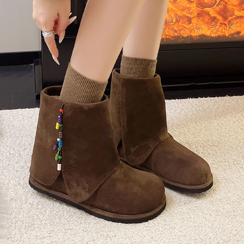 مطرز النساء حذاء من الجلد الشقق أحذية امرأة غير رسمية 2025 موضة أحذية الثلوج قصيرة الشتاء المشي الجلد المدبوغ أحذية تشيلسي بوتاس موهير #4
