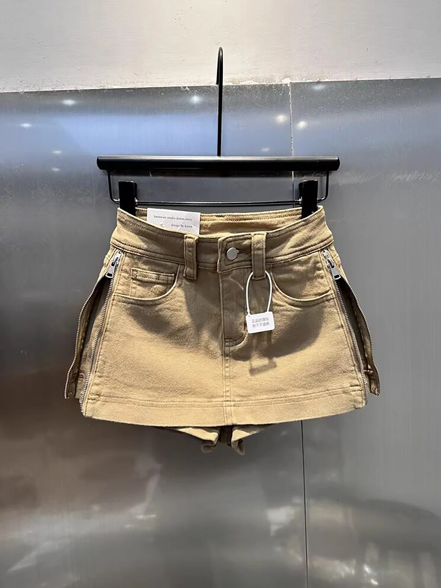 Khaki Double Zipper Design A-Line  Skirt Women's Summer Sexy High Waist Anti-Light Short Skirt Commute Korean Style Breat...
