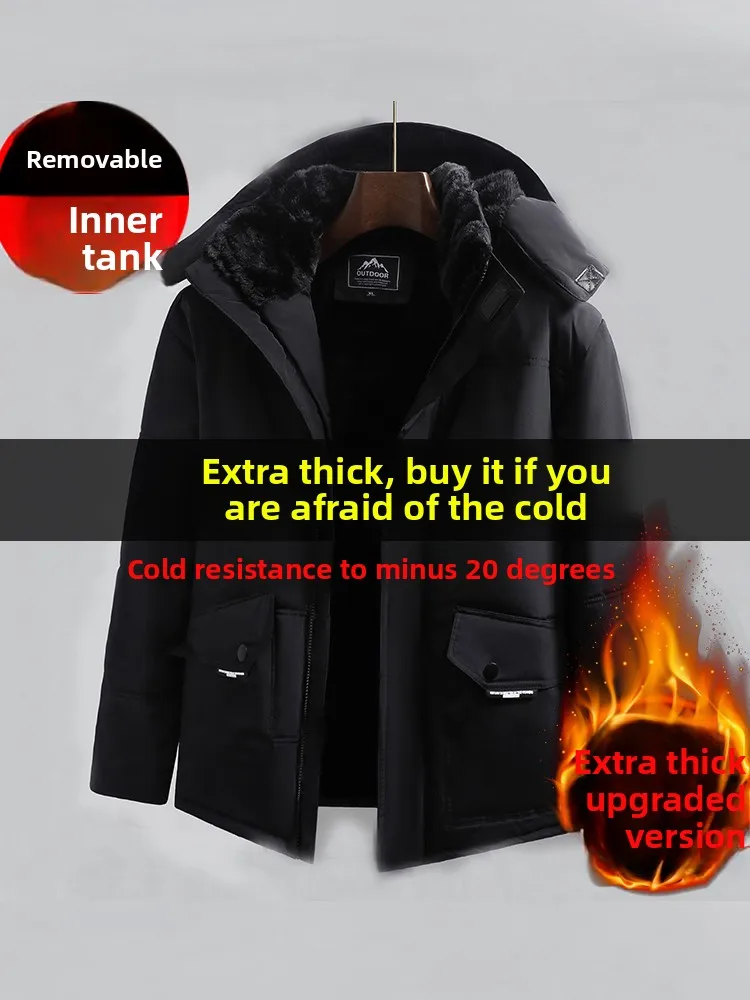 

Men's Thiened Fce Lined Cotton Jaet Quilted Coat with Removable Fur Collar Warm Winter Outerwear for Middle-Aged And E...