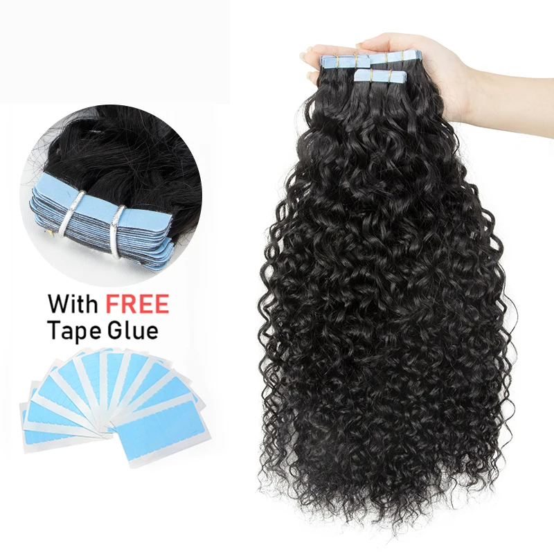 MRSHAIR Water Wave Tape in Hair Extensions Cuticle Remy Human Hair Curly Skin Weft Tape on HairPieces 1B 20pcs/pack 12-26inches