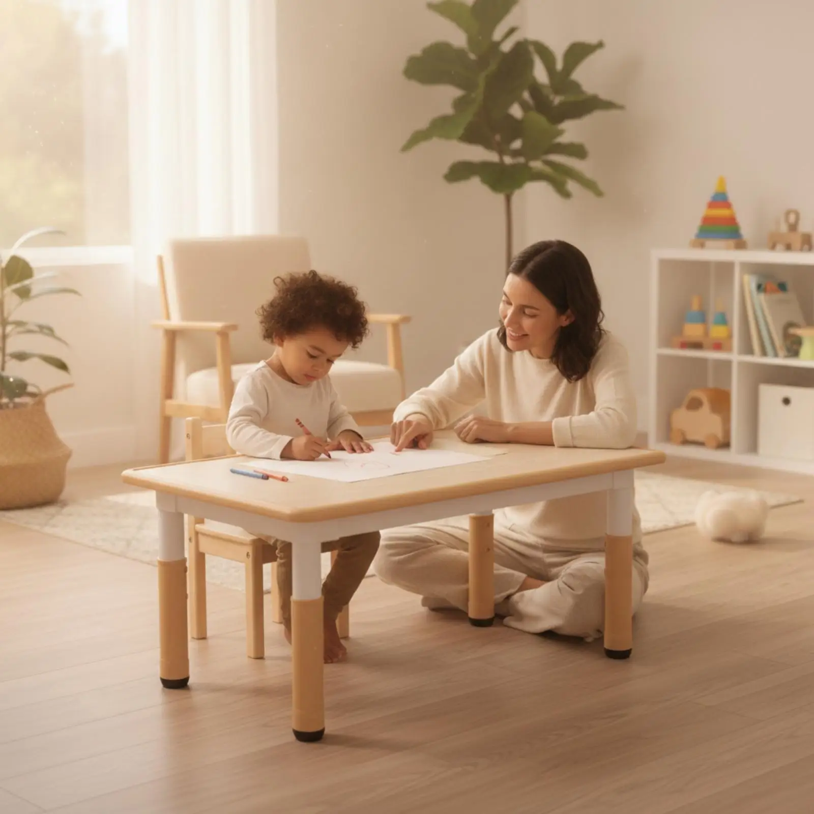 Children Study Desk with Adjustable Height Wood Grain Top for Kids Drawing Reading Activity Table