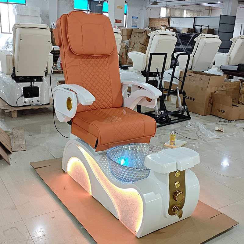 Modern Nail Salon Equipment Foot Care Spa Chair Luxury Electric Adjustable No Plumbing Reclining Orange Massage Pedicure Chair