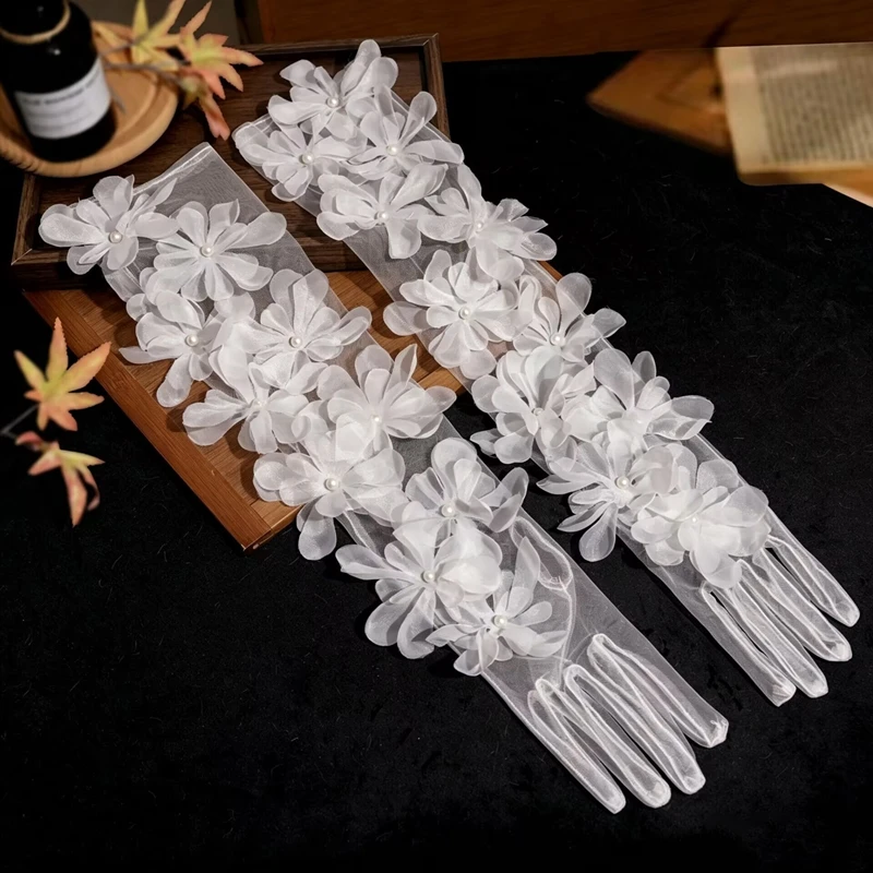 55cm Bridal Long Flower Pearl Tulle Gloves Decor Sheer Mesh Evening Party Gloves Wedding Dress Costume Accessory