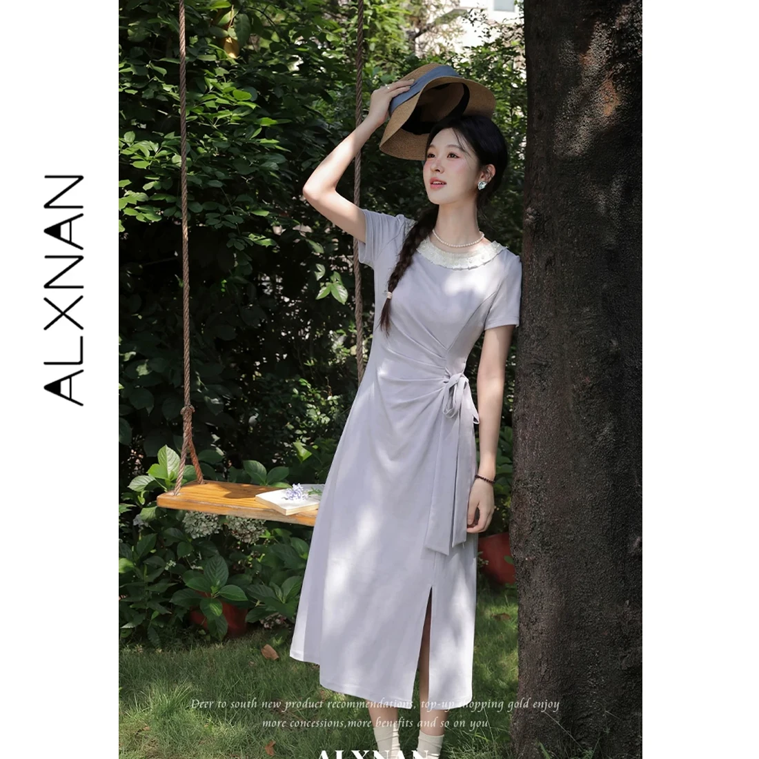 

ALXNAN Purple Long Dress Round Neck Elegant Slit Waist Tie Midi Maxi Dress New Summer Casual Holiday Beach Female Dresses L63602