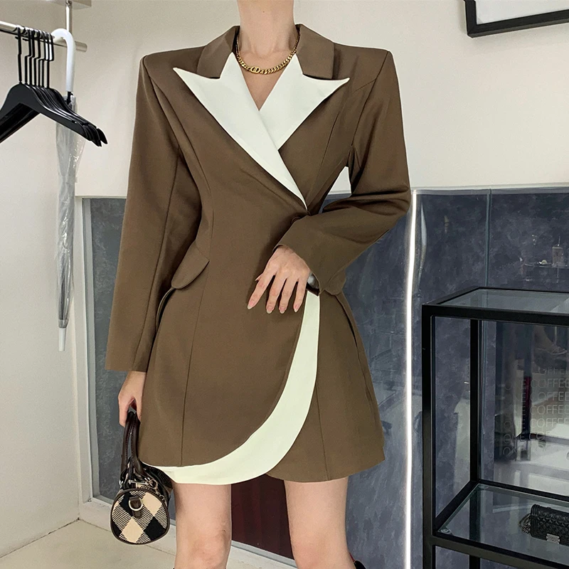 French Style Patchwork Blazer Dress Women Long Sleeve Mini Dress Slim Streetwear Party Vestidos