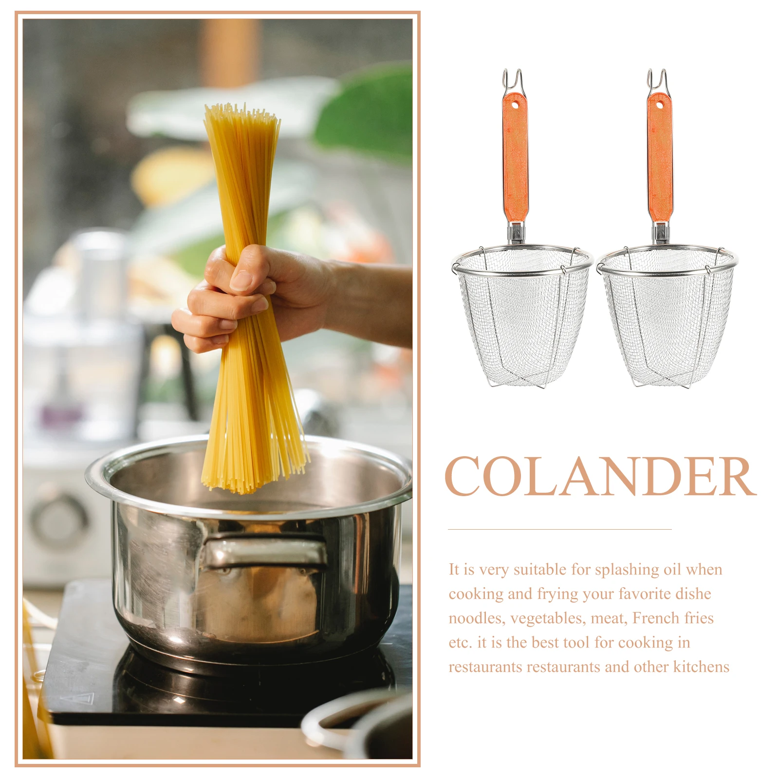 

4Pcs Mesh Noodle Colander Sturdy Rustproof Stainless Steel with Wooden Handle Strainer Spoon for Pasta Noodles Vegetables Home