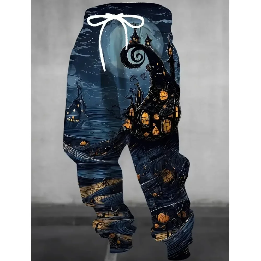 Men Jogger Pants Polyester 3d Print Halloween Haunted House Pumpkin Drawstring Elastic Ankle Casual Street Sweat Trousers