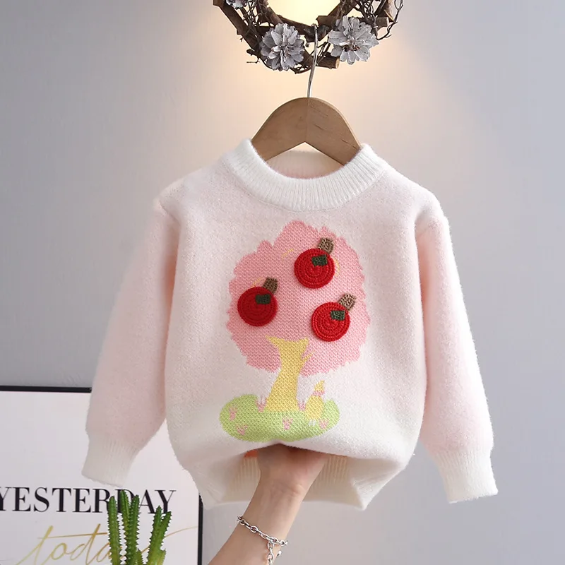 Cartoon Fruit Tree Sweaters for Kids Girls 2024 New Children's Clothing Round Neck Knitwear Cold-proof Princess Pullover HY09231