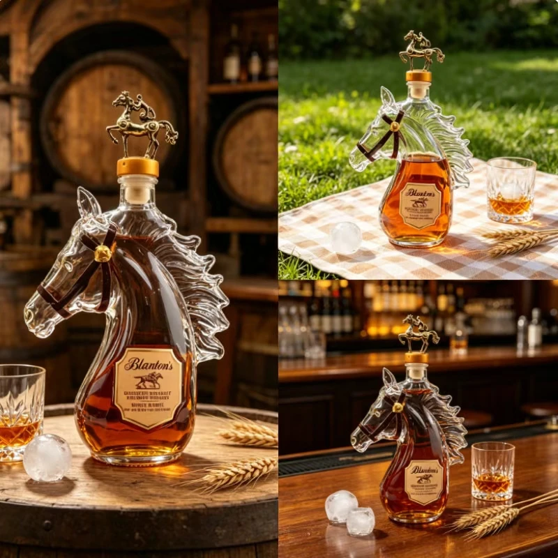 Stylish Crystal Decanter with Horse Motif Bronze Stopper Whiskey Spirit Storage Bottle Practical Home Decorative Glassware
