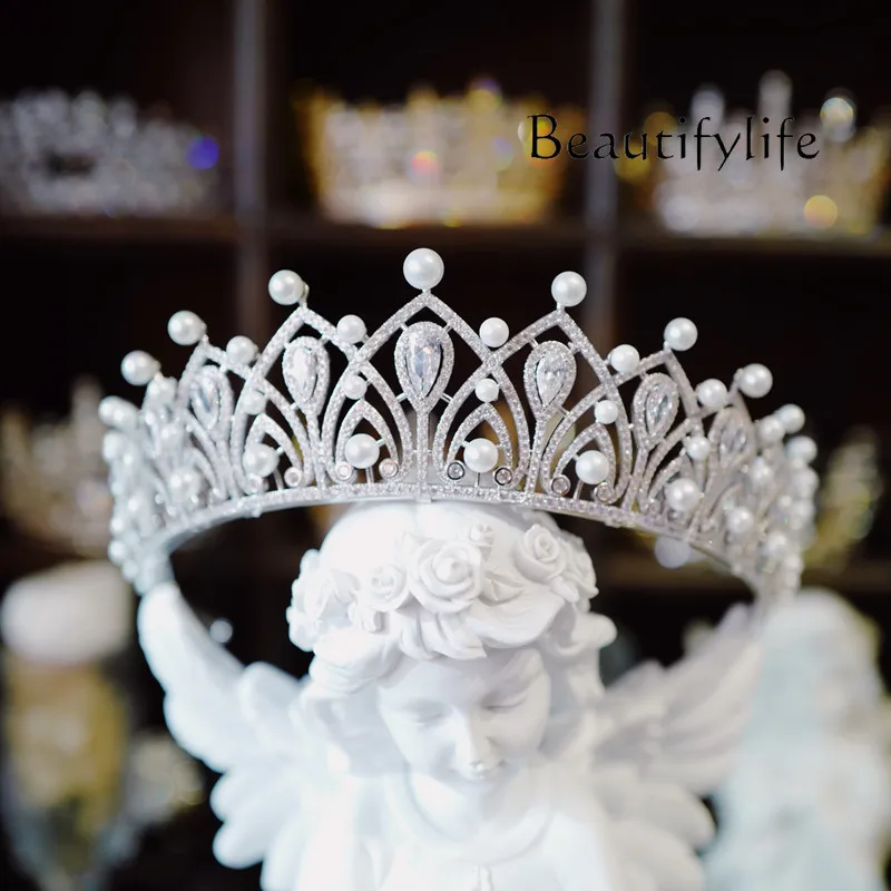 High-End French Style Elegant Retro Pearl High-Grade Crown Headdress Luxury Bridal Wedding Dress Crown