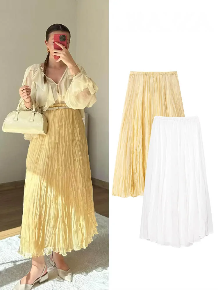 

HH 2025 женская летняя новая однотонная юбка-миди трапециевидной формы, женская повседневная плиссированная юбка на пуговицах с эффектом складок, модные юбки с эластичной резинкой на талии