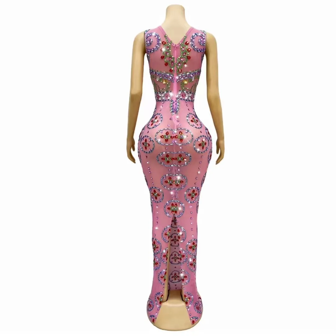 ColorfuL Big Rhinestones Transparent Sleeveless Pink Dress Birthday Celebrate Evening Dance Performance Sexy Costume tangren