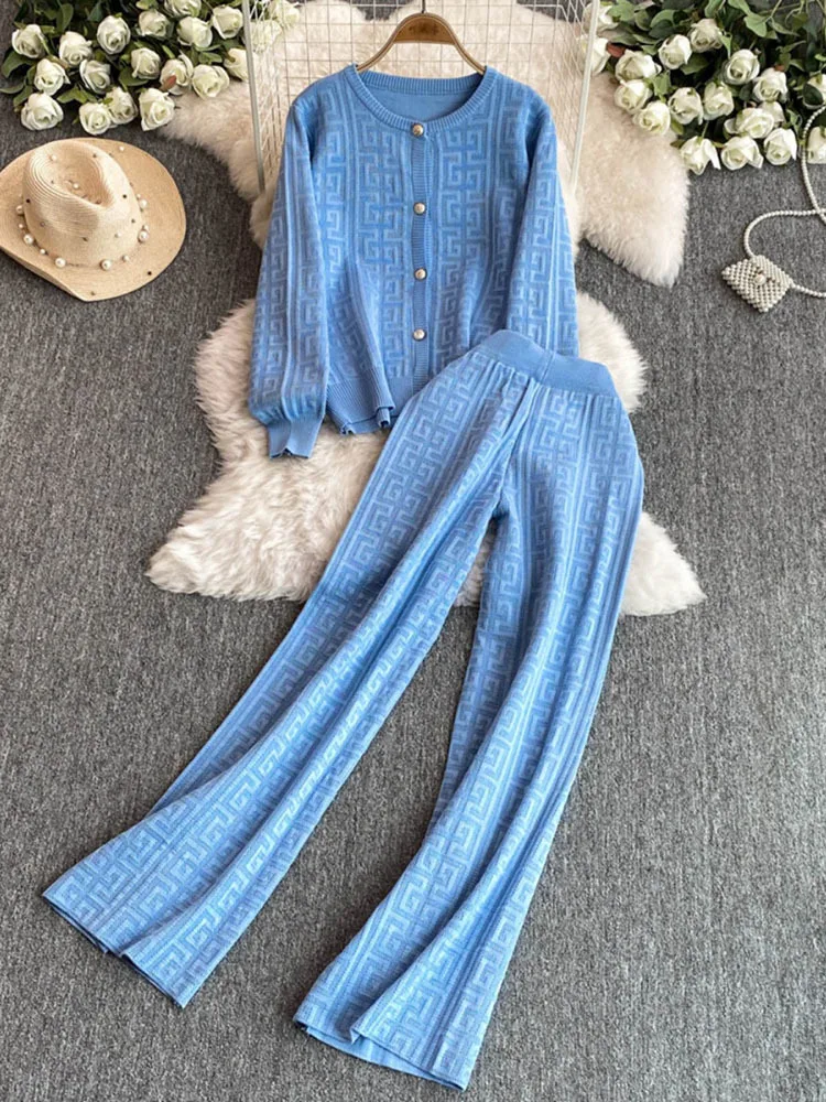 French Vintage Sweater Suits Female Long Sleeve Cardigan+ Elastic Long Pants Fashion Winter Office Lady Knitted Sets